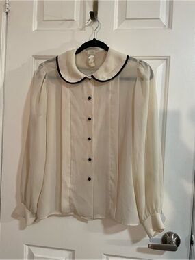 Sheer Cream Button-Down Blouse with Contrast Black Trim